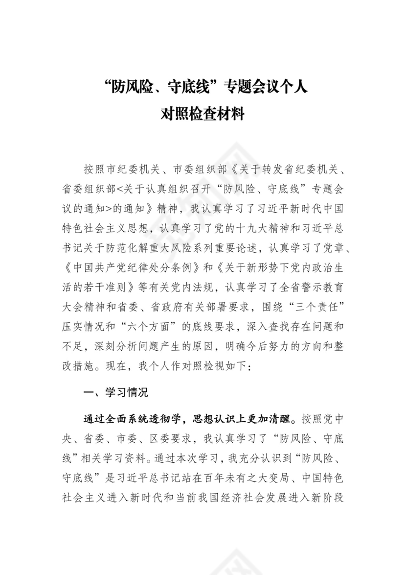 防风险守底线专题会议个人对照检查材料.docx