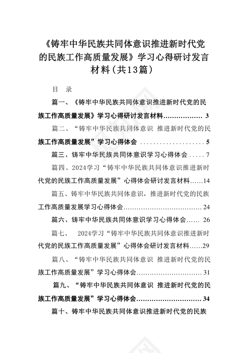 《铸牢中华民族共同体意识推进新时代党的民族工作高质量发展》学习心得研讨发言材料13篇（精选版）.docx