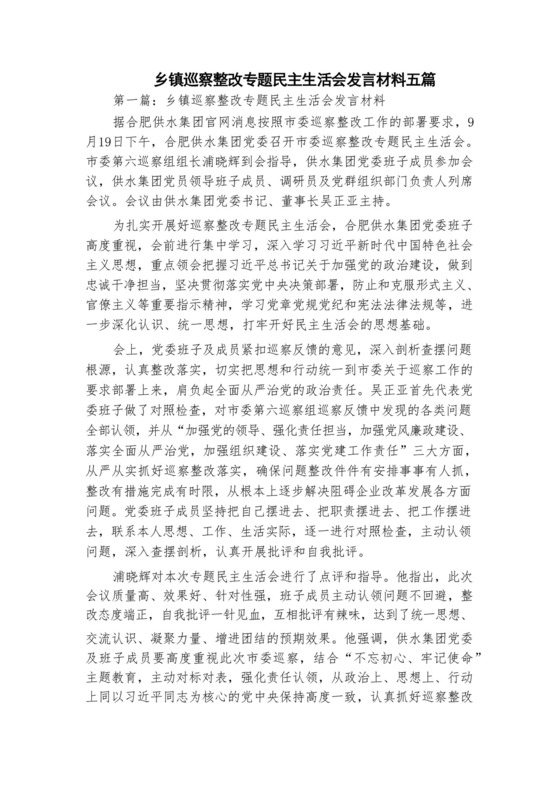 乡镇巡察整改专题民主生活会发言材料五篇.docx