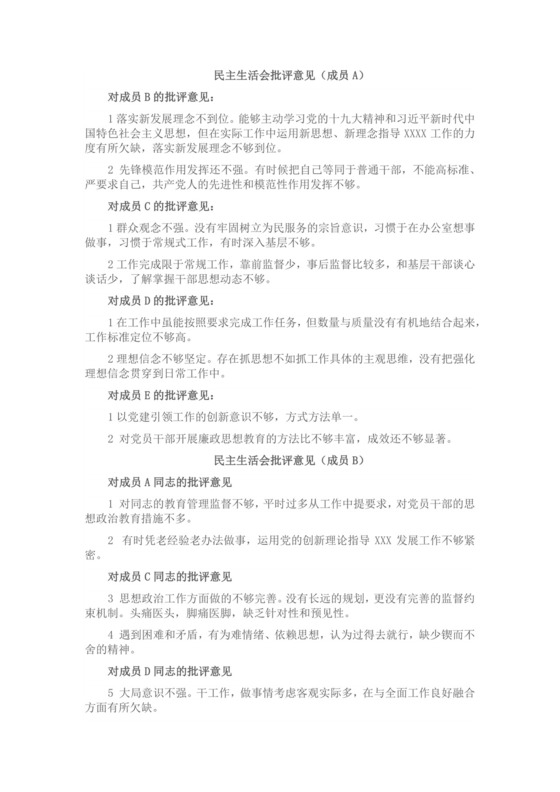 市直部门民主生活会批评意见清单（每人两条）.docx