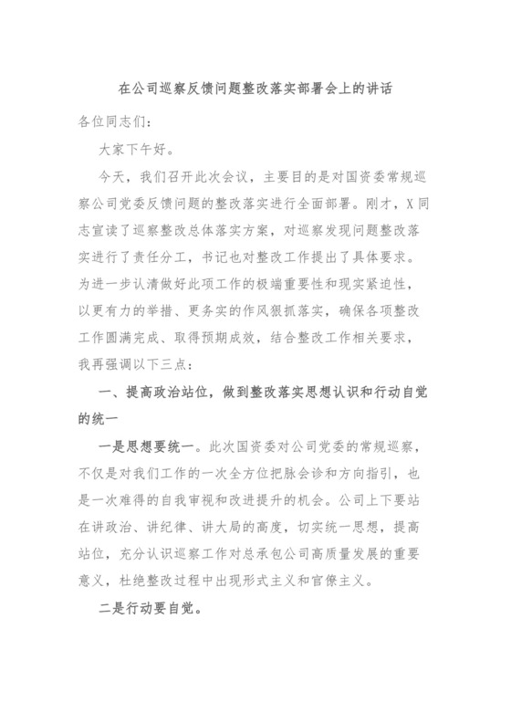 在公司巡察反馈问题整改落实部署会上的讲话.docx