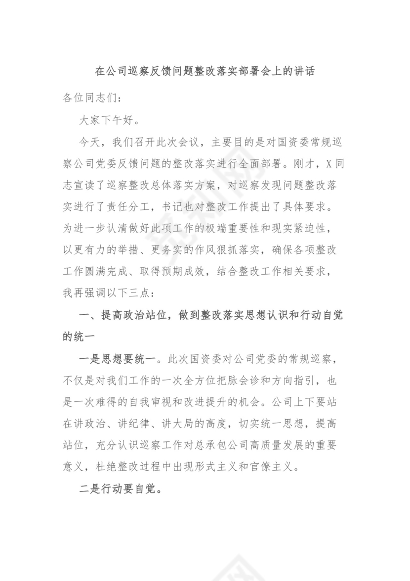 在公司巡察反馈问题整改落实部署会上的讲话.docx