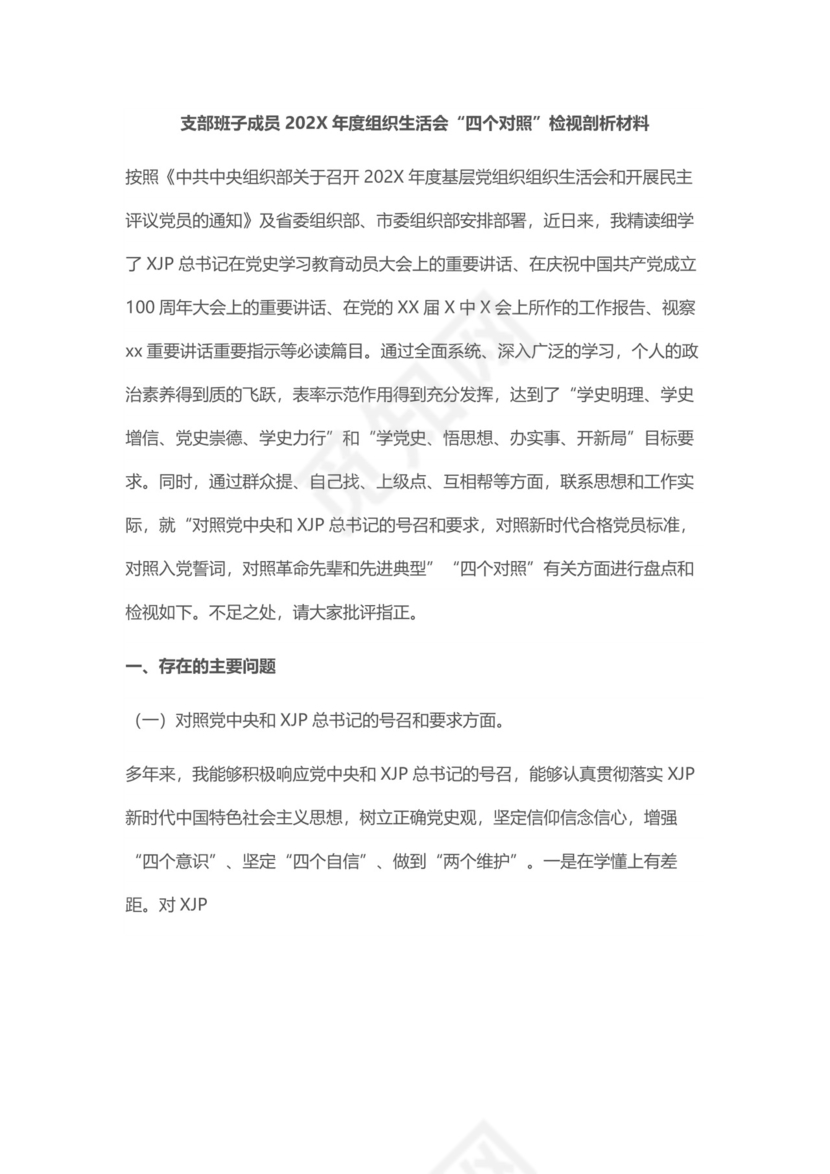 支部班子成员202X年度组织生活会“四个对照”检视剖析材料.docx