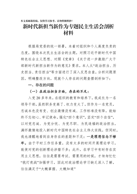 新时代新担当新作为专题民主生活会剖析材料（范文）.docx