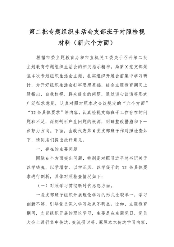 第二批专题组织生活会支部班子对照检视材料（新六个方面）.docx