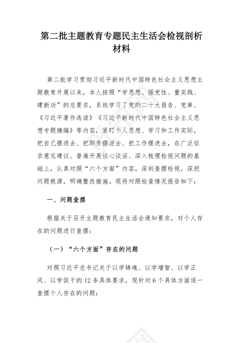 第二批主题教育专题民主生活会检视剖析材料.docx