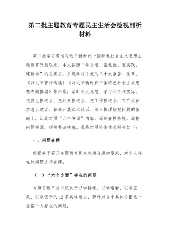 第二批主题教育专题民主生活会检视剖析材料.docx