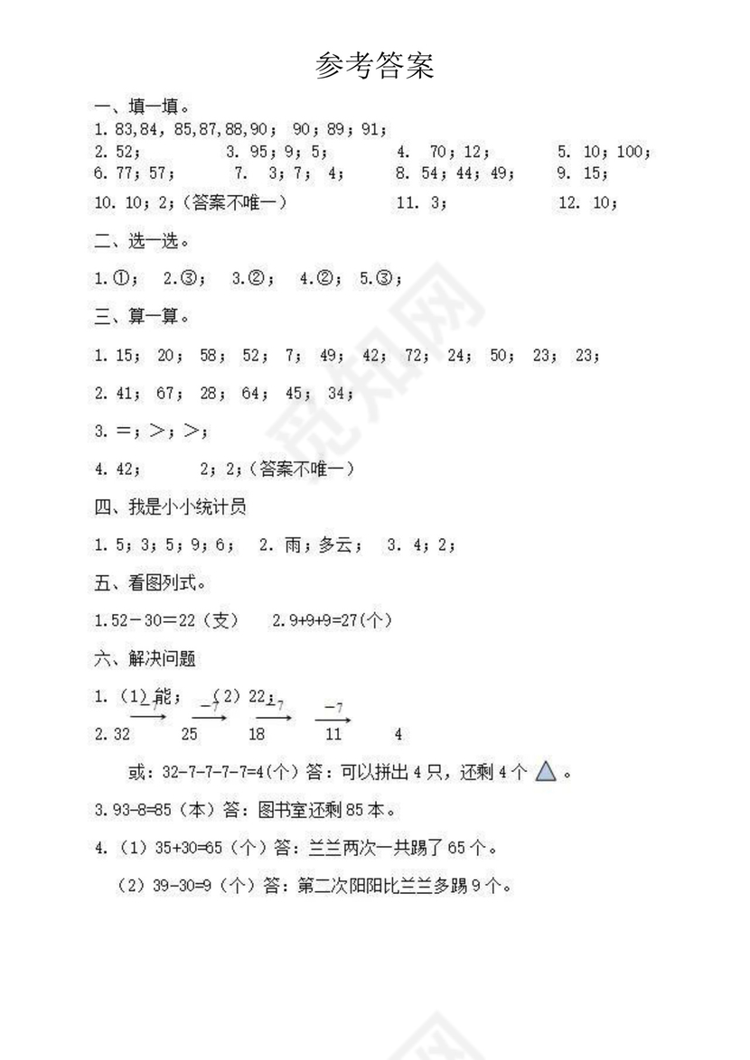 一年级下册数学期末试卷-湖南省娄底市涟源市2019-2020学年第二学期期末试题（人教版+扫描版，含答案）.doc