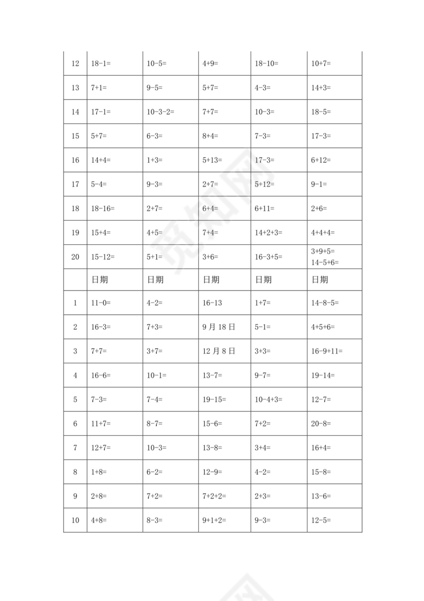一年级数学上册+++口算训练题寒假作业题（无答案）++人教版.doc