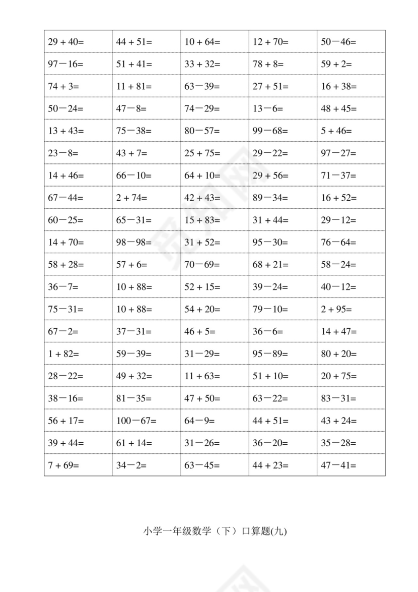 小学一年级下册数学口算题卡100以内加减法(18页)-一年级下100以内口算题卡.doc
