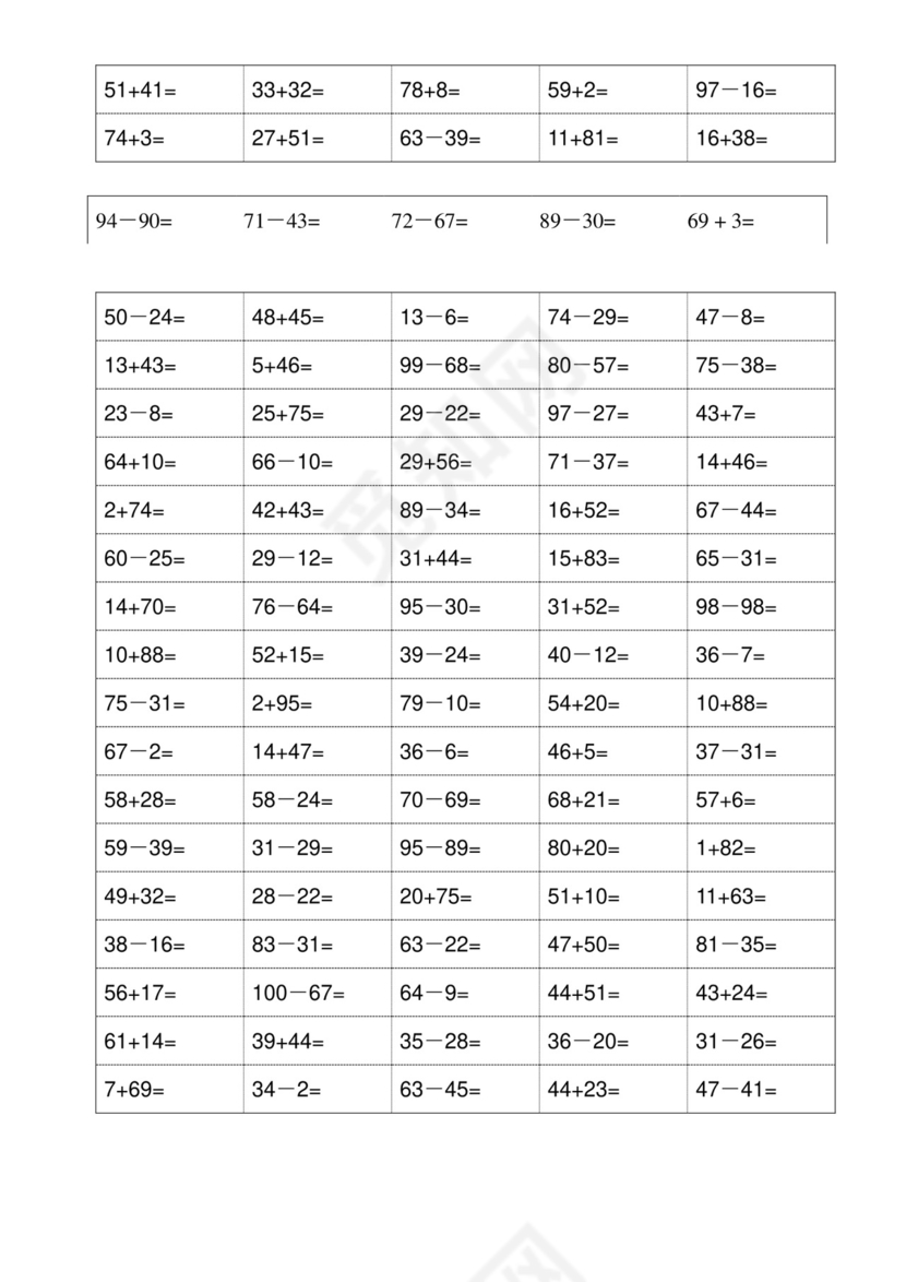 小学一年级下册数学口算题卡100以内加减法(18页)-一年级下100以内口算题卡.doc