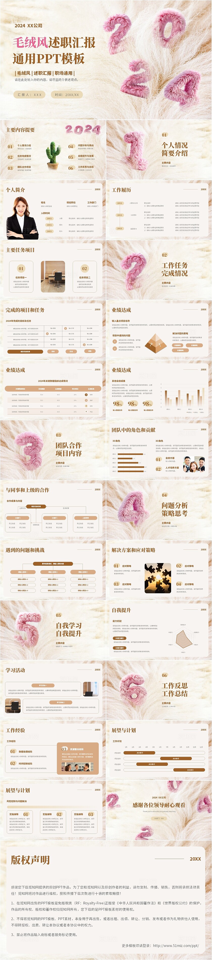 棕色毛绒风缩放式毛绒风述职报告工作总结通用PPT模板述职报告