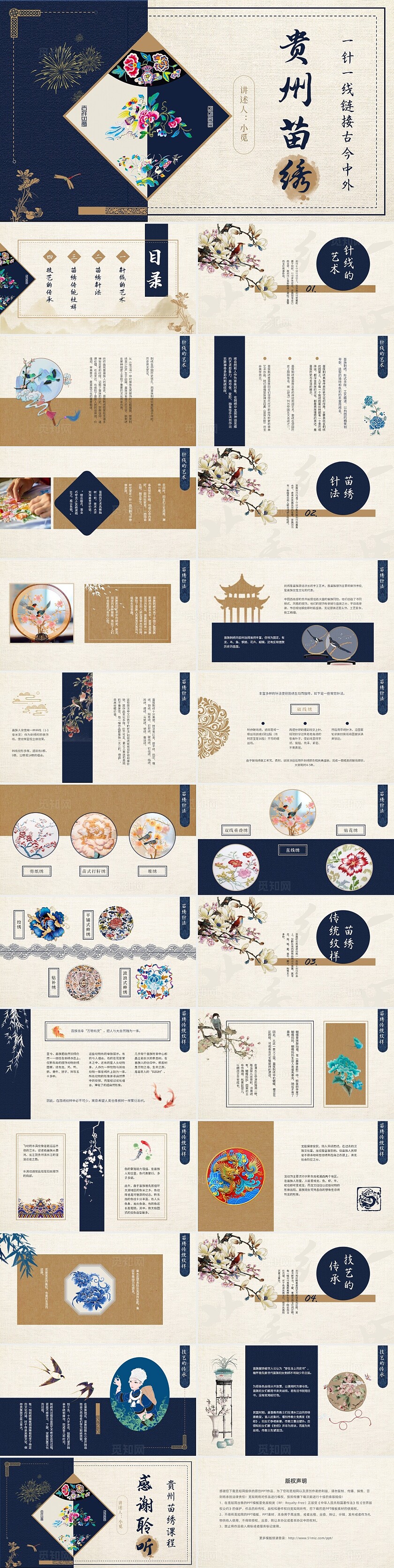 蓝色中国风民族风国潮简约刺绣文化贵州苗绣课件苗族刺绣ppt非遗