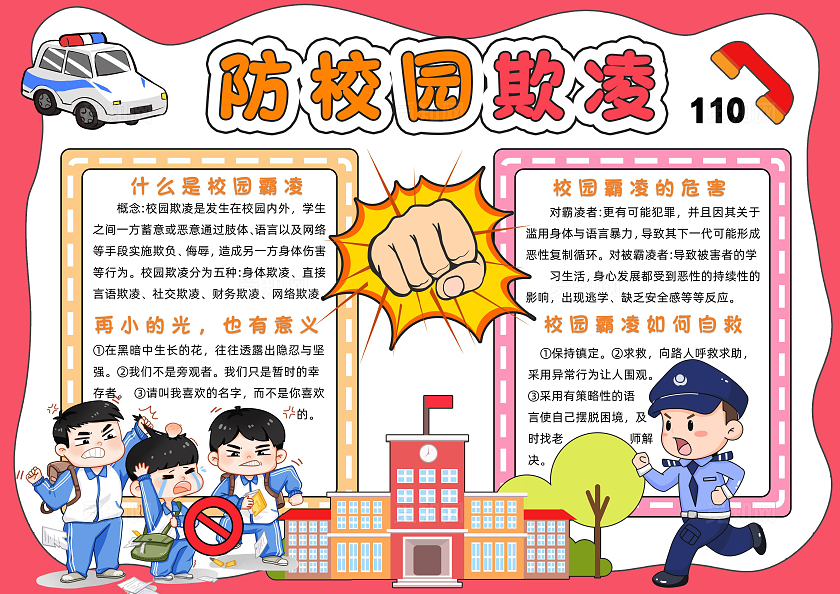 红色卡通防校园欺凌小报手抄报读书手抄报预防校园欺凌