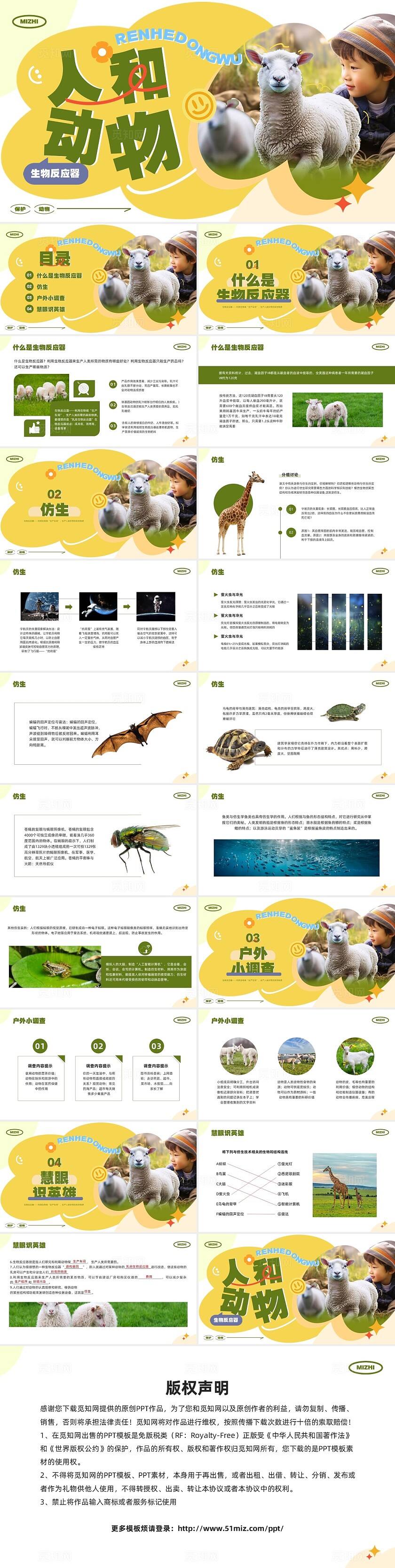 绿色简约人和动物PPT模板宣传PPT动态PPT