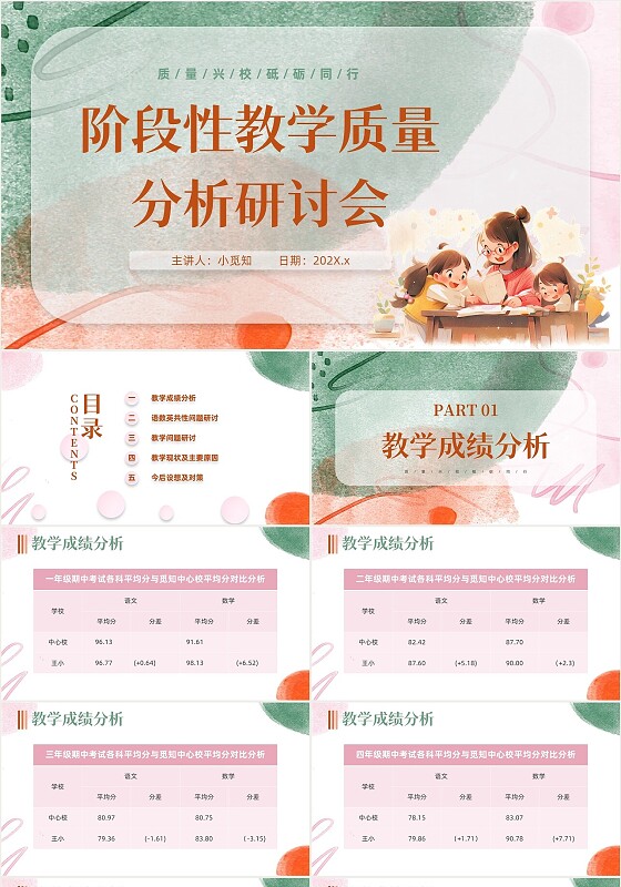 水彩风阶段性教学质量分析研讨会工作汇报主题班会PPT