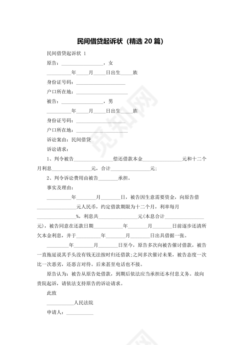 民间借贷起诉状(精选20篇).docx