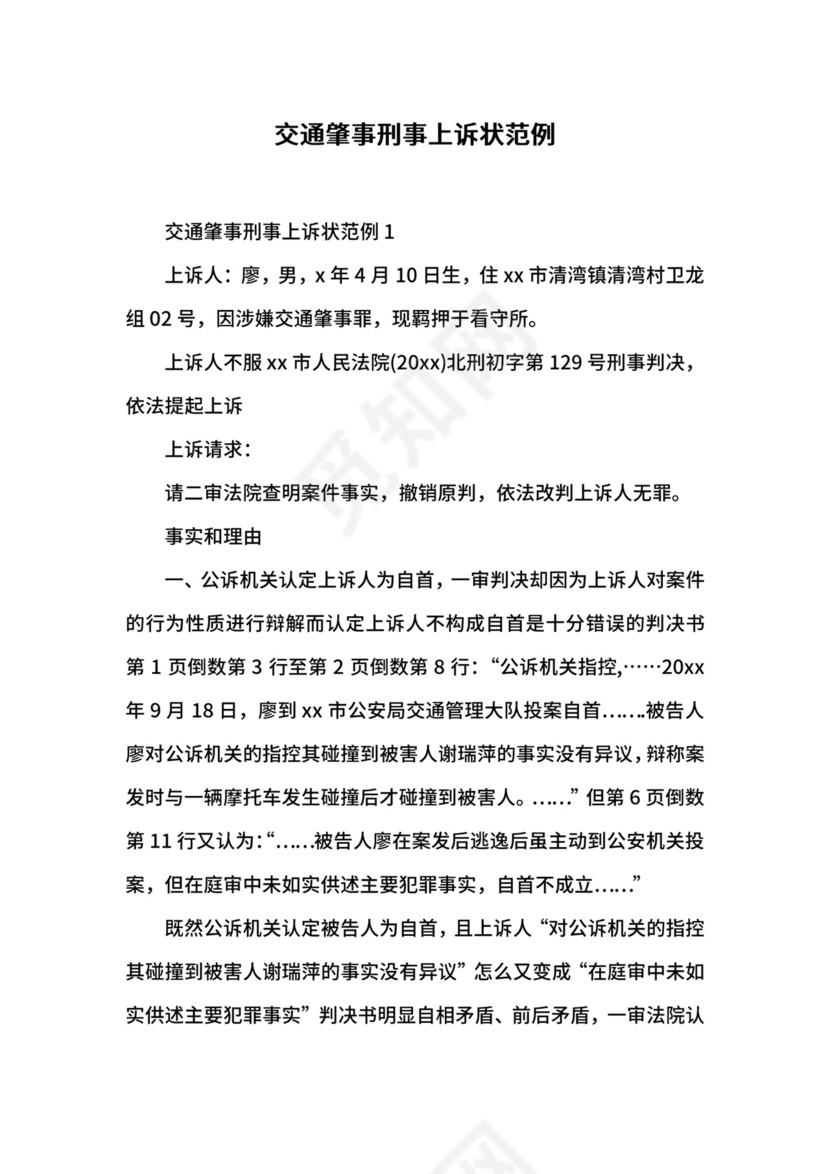 交通肇事刑事上诉状范例.docx