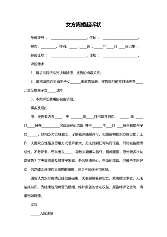 女方离婚-起诉状模板.docx