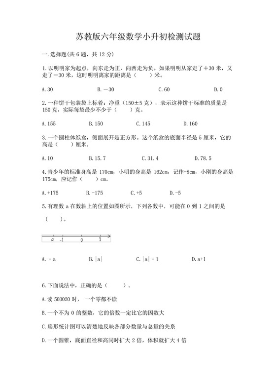 苏教版六年级数学小升初检测试题及参考答案(模拟题).docx
