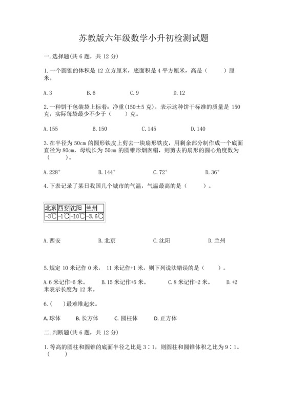 苏教版六年级数学小升初检测试题含答案(模拟题).docx