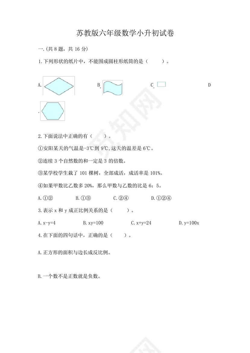 苏教版六年级数学小升初试卷带答案(模拟题).docx