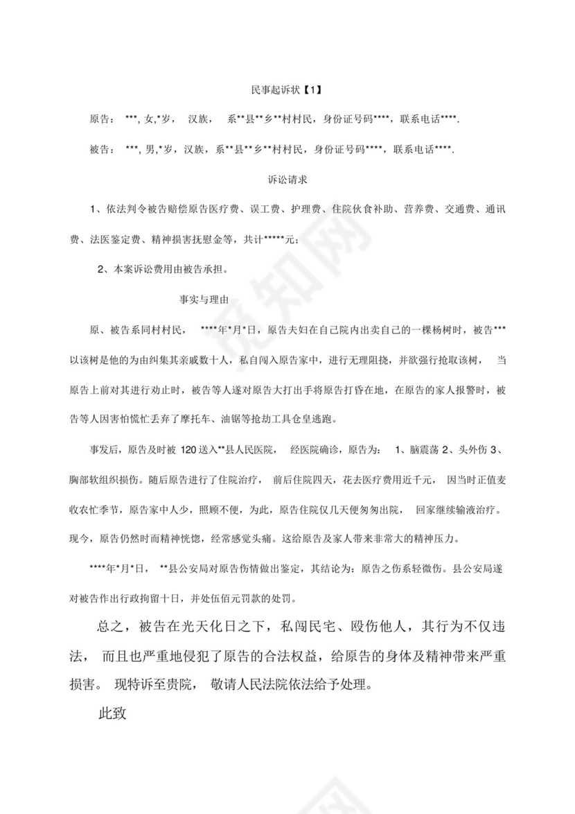 轻微伤案件民事起诉状范本.docx