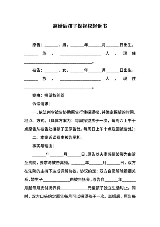 离婚后孩子探视权起诉书.docx
