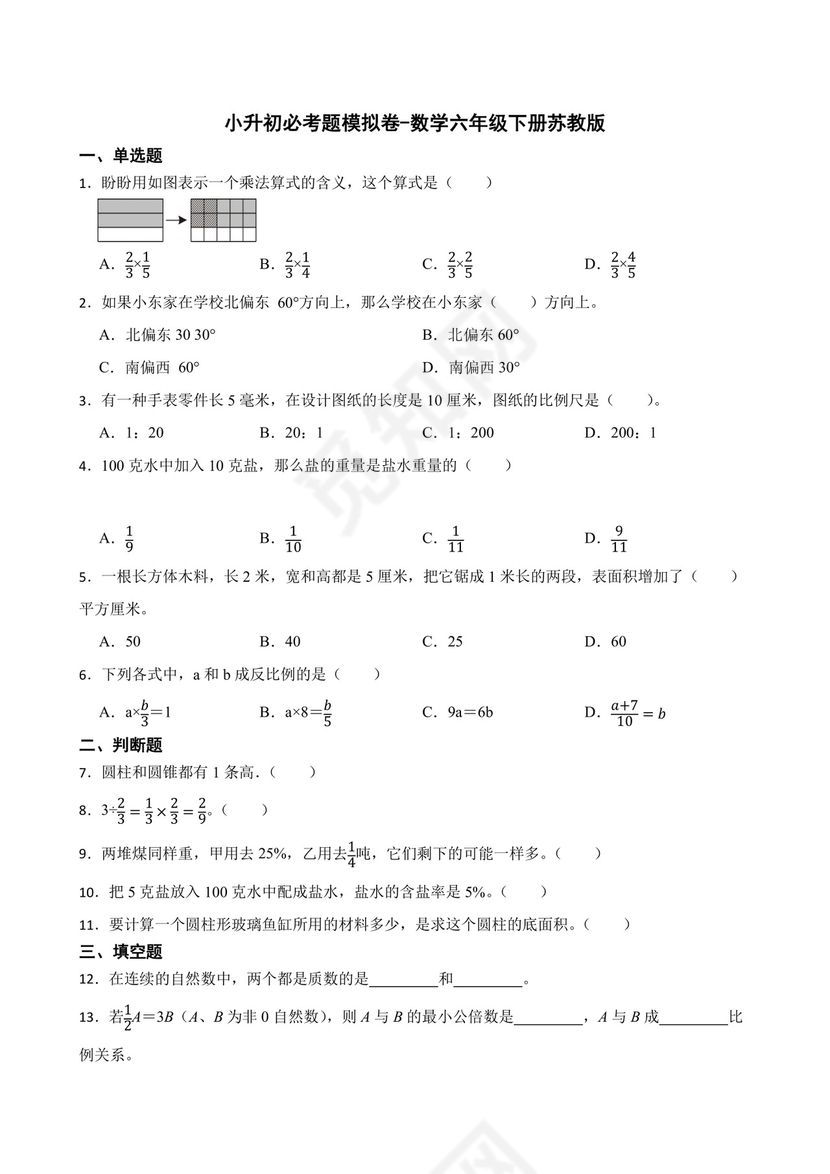 小升初必考题模拟卷（试题）-2023-2024学年六年级数学下册苏教版.docx