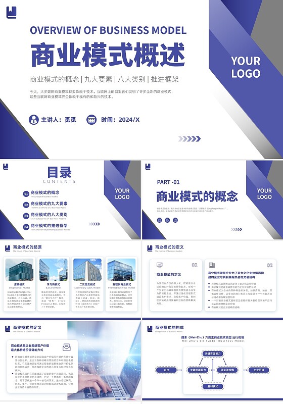 紫色商务风格商业模式概述创业项目路演团队管理计划书PPT模板