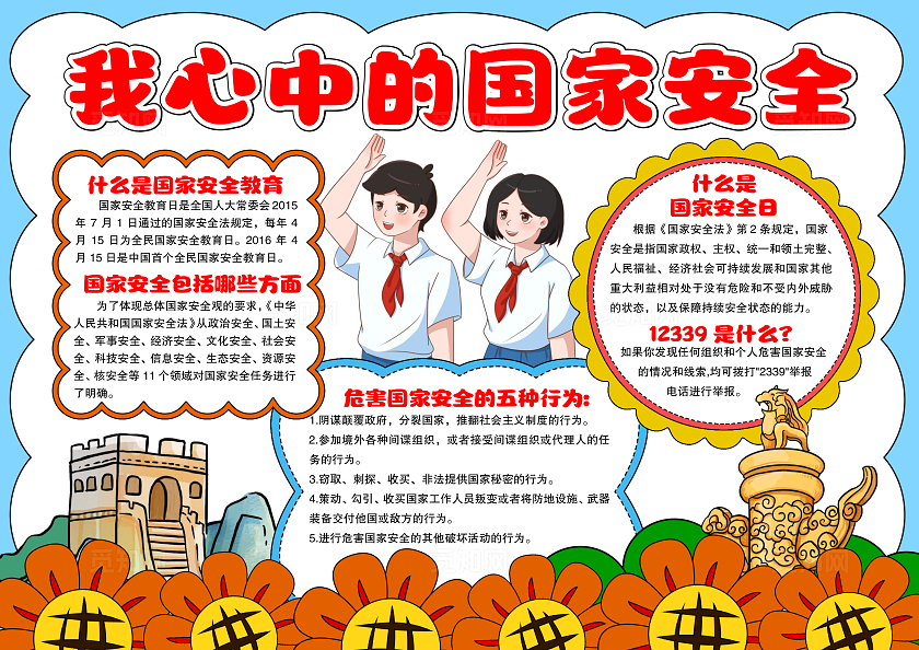 卡通手绘风格我心中的国家安全小报手抄报国家安全教育日