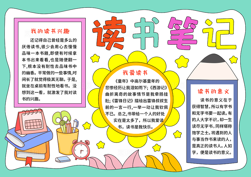 蓝绿色卡通手绘小清新读书笔记好书推荐读书小报手抄报世界读书日