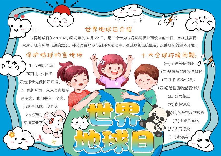 手绘卡通 世界地球日手抄报