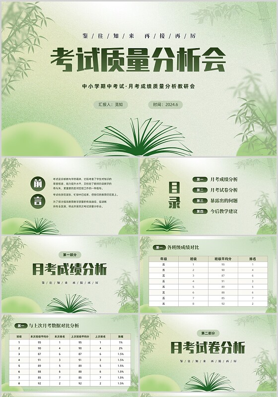 绿色弥散风中小学考试质量分析主题班会PPT