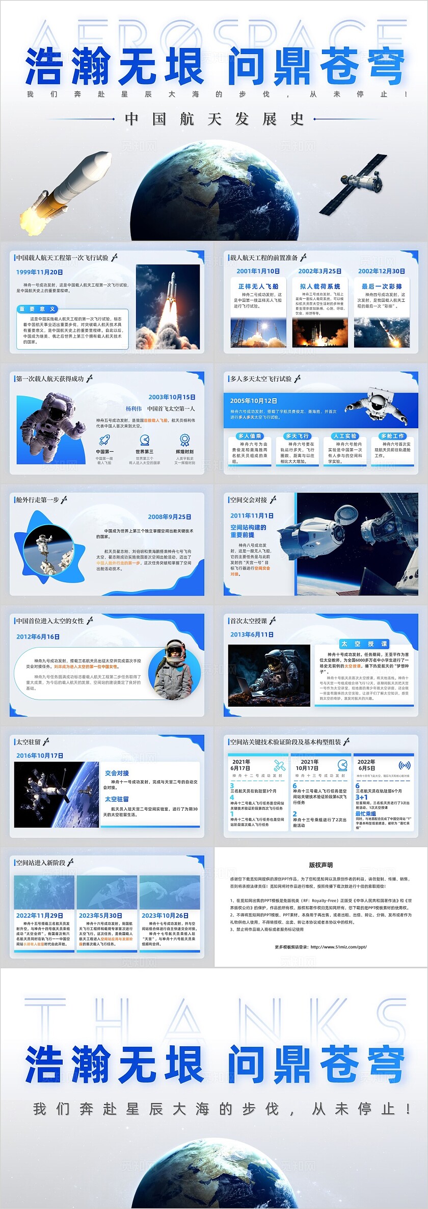 蓝色渐变简约平滑切换动态中国航天发展史航天知识科普PPT