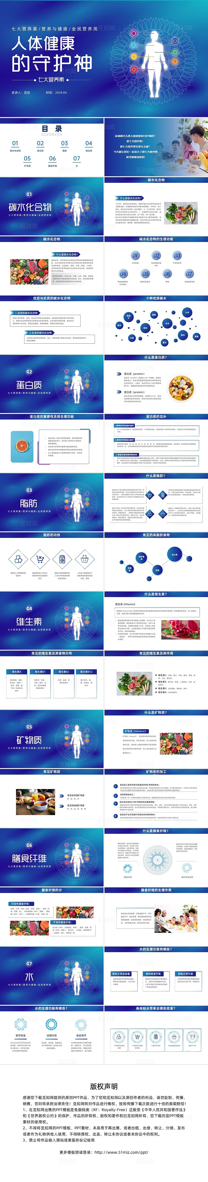 蓝色科技风人体健康的守护神七大营养素营养宣传ppt全民营养周