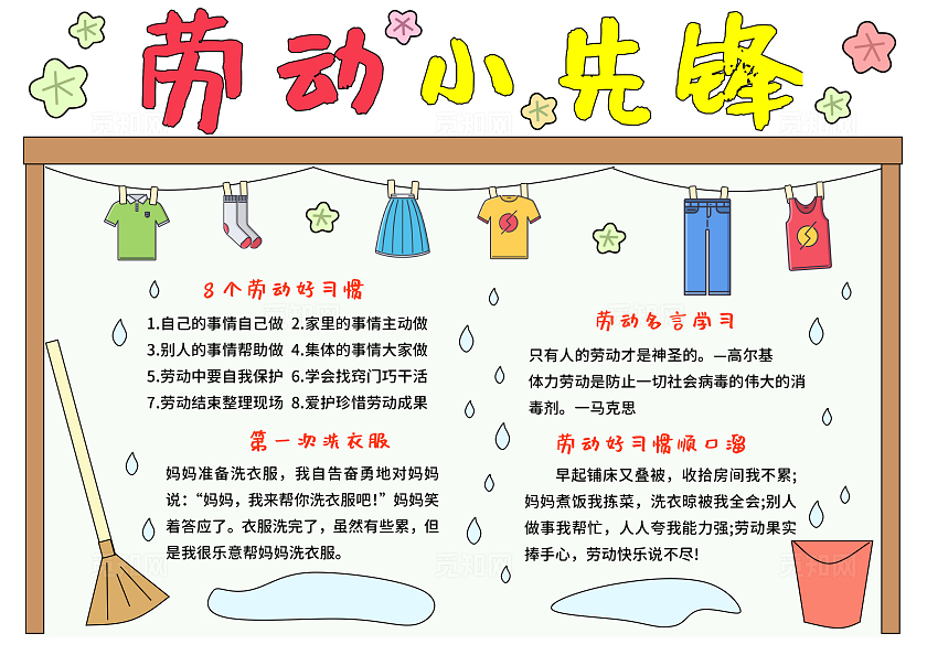 家务劳动红黄色卡通手绘小清新劳动小先锋劳动节小报手抄报五一