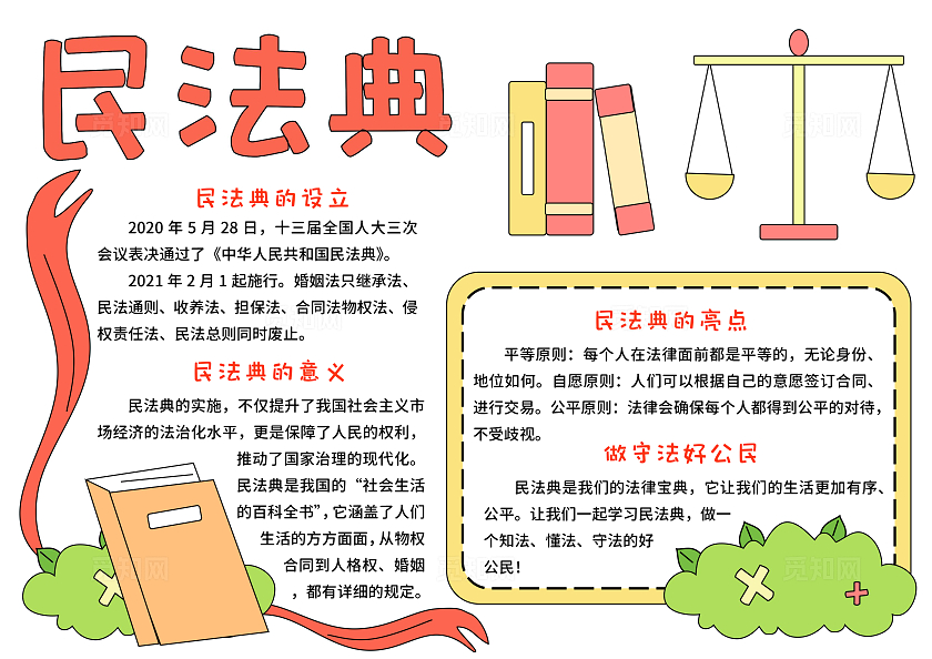红绿色卡通手绘小清新简约民法典小报手抄报