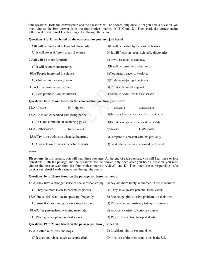 2019年12月大学英语四级(CET-4)真题试卷及参考答案带听力音频文件第一套.docx