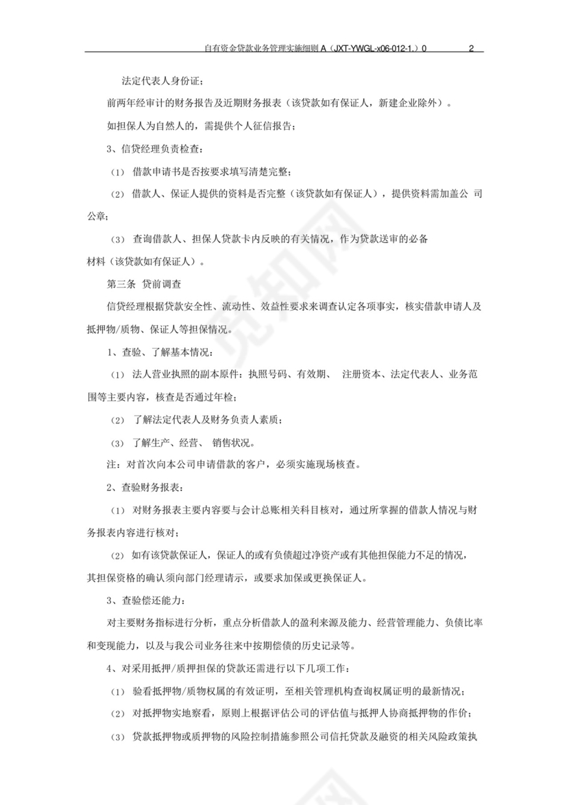 信托公司自有资金贷款业务管理实施细则模版.docx