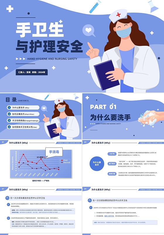 蓝色扁平插画风手卫生与护理安全知识培训PPT