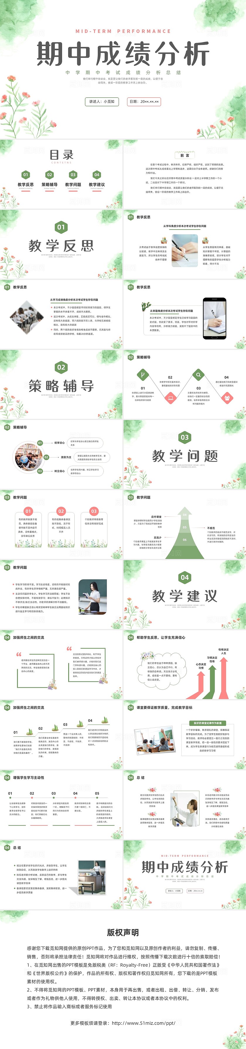 绿色水彩植物期中考试质量分析教师培训PPT课件期中家长会