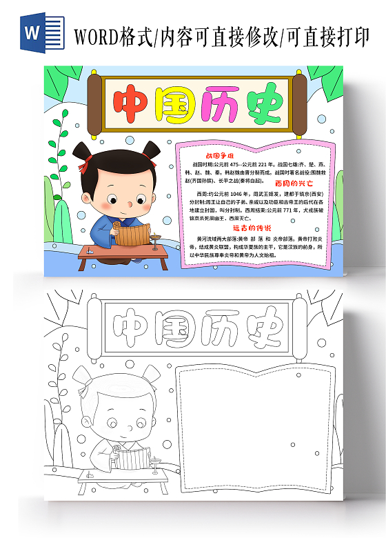 蓝绿色卡通手绘小清新中国历史小报手抄报