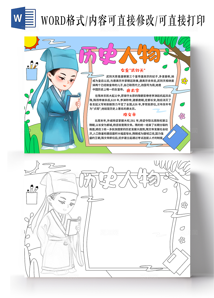 蓝绿色卡通手绘小清新古风历史人物小报手抄报