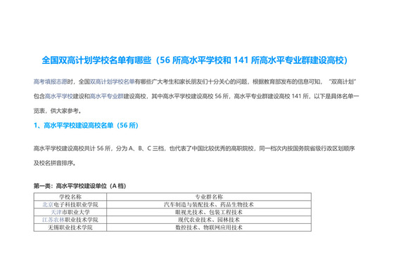 全国双高计划学校名单有哪些（56所高水平学校和141所高水平专业群建设高校）.docx