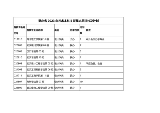 湖北省2023年艺术本科B征集志愿院校及计划.docx