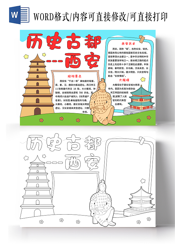 蓝绿色卡通手绘小清新历史古都西安旅行小报手抄报旅游