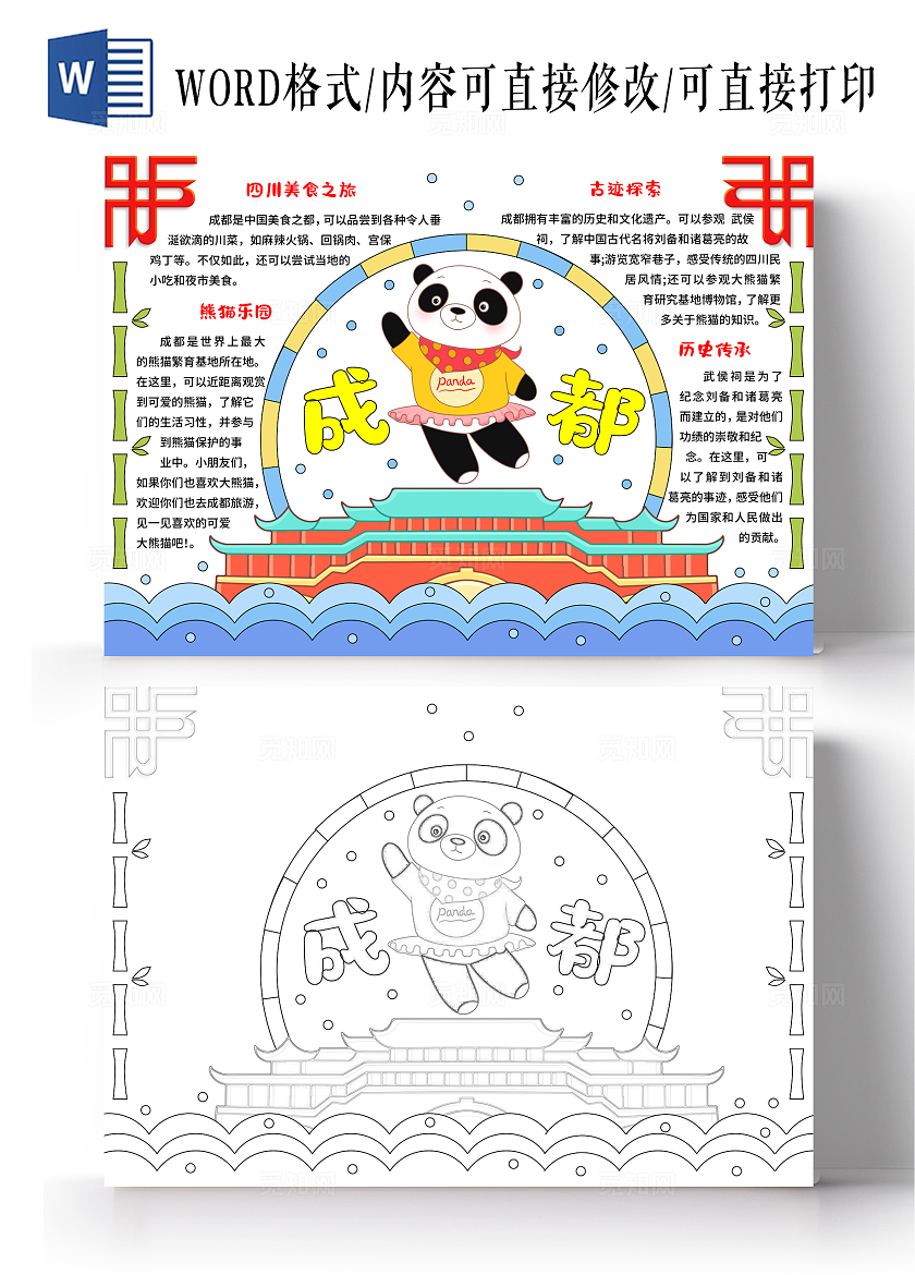 蓝绿色卡通手绘小清新成都旅游小报手抄报