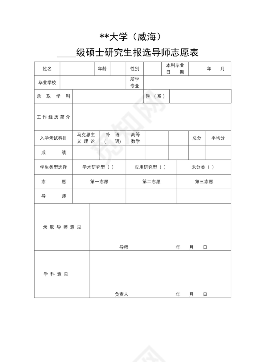 哈尔滨工业大学(威海)级硕士研究生报选导师志愿表【模板】.docx