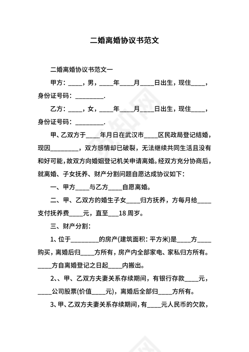 二婚离婚协议书范文.docx